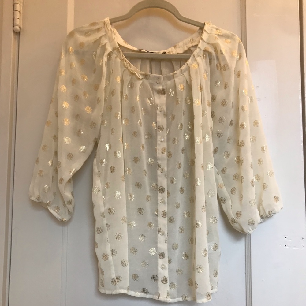 Nordstrom Chloe K Cream & Gold Dot Chiffon Button Puff Sleeve Blouse, Medium
